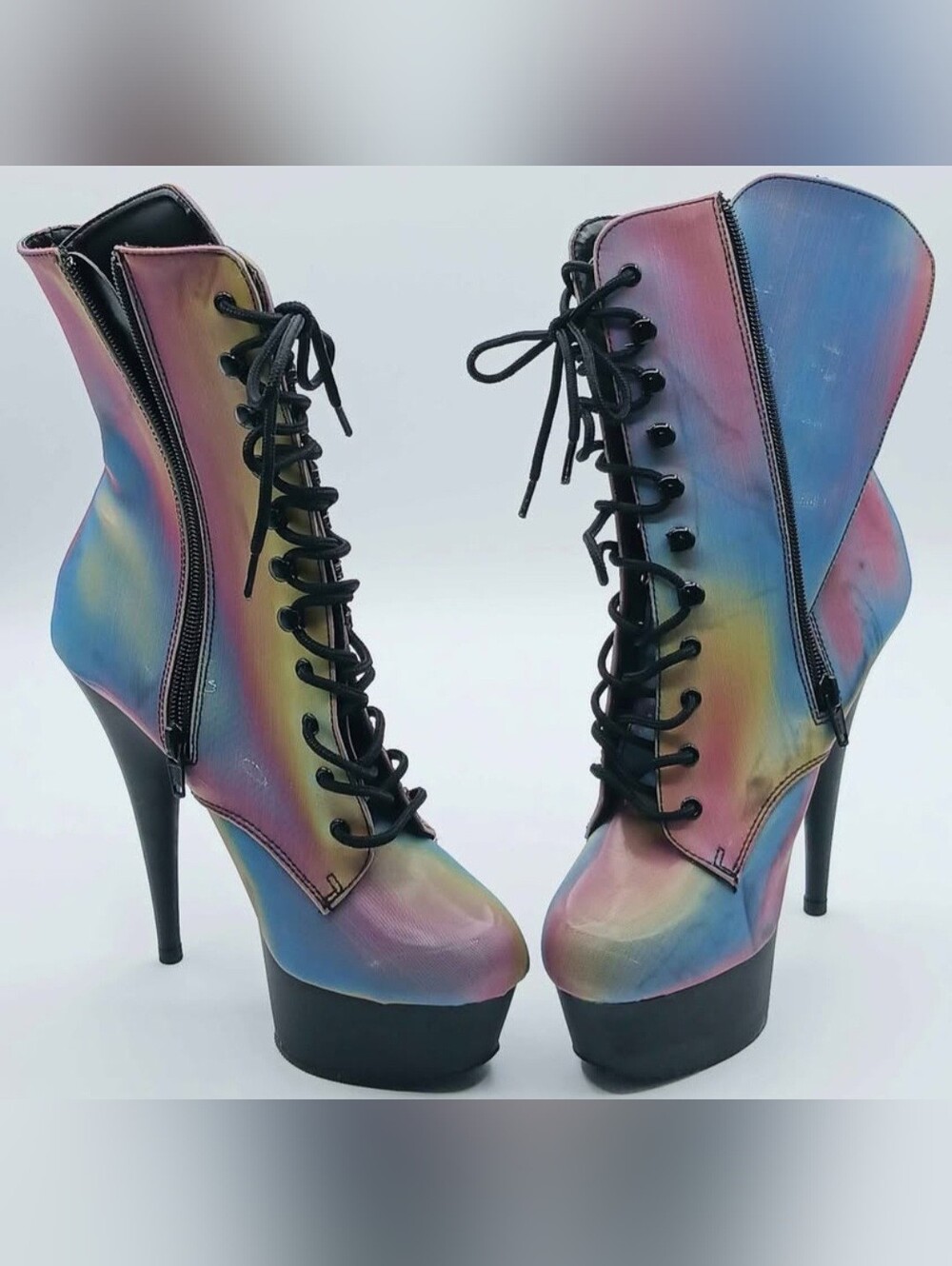 Women’s Pleaser Delight  Iridescent Rainbow Lace-Up Platform Ankle Boots. Size 8